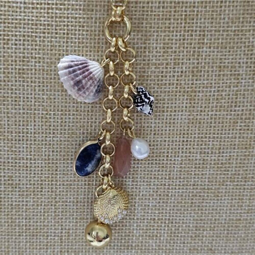 J. Crew Nautical Gold Shell Charm Necklace Stone Pearl Coastal Statement Jewelry - Picture 8 of 8